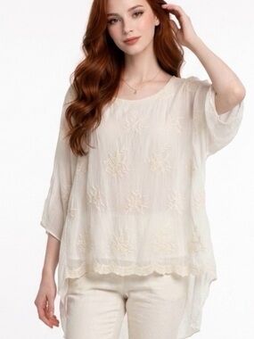 Angela Moda Italian Silk Blend Embroidered Top Size Medium NWT